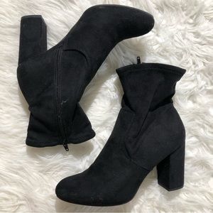CANDIES brand Black heel boots. 8.5 Worn few times black soft fabric fauxe suede
